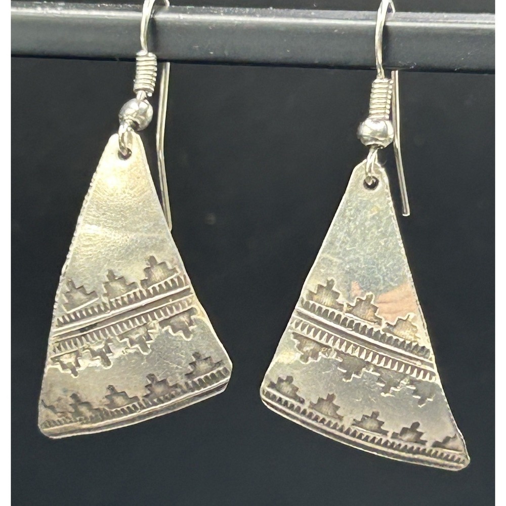 Vintage 925 Sterling Silver AL Signed Southwestern Stamped Dangle Earrings